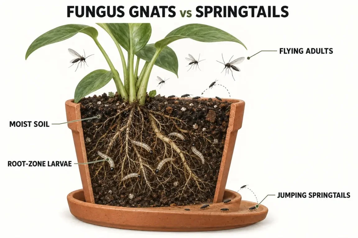 Little black bugs on plants: fungus gnats and springtails in moist potting soil