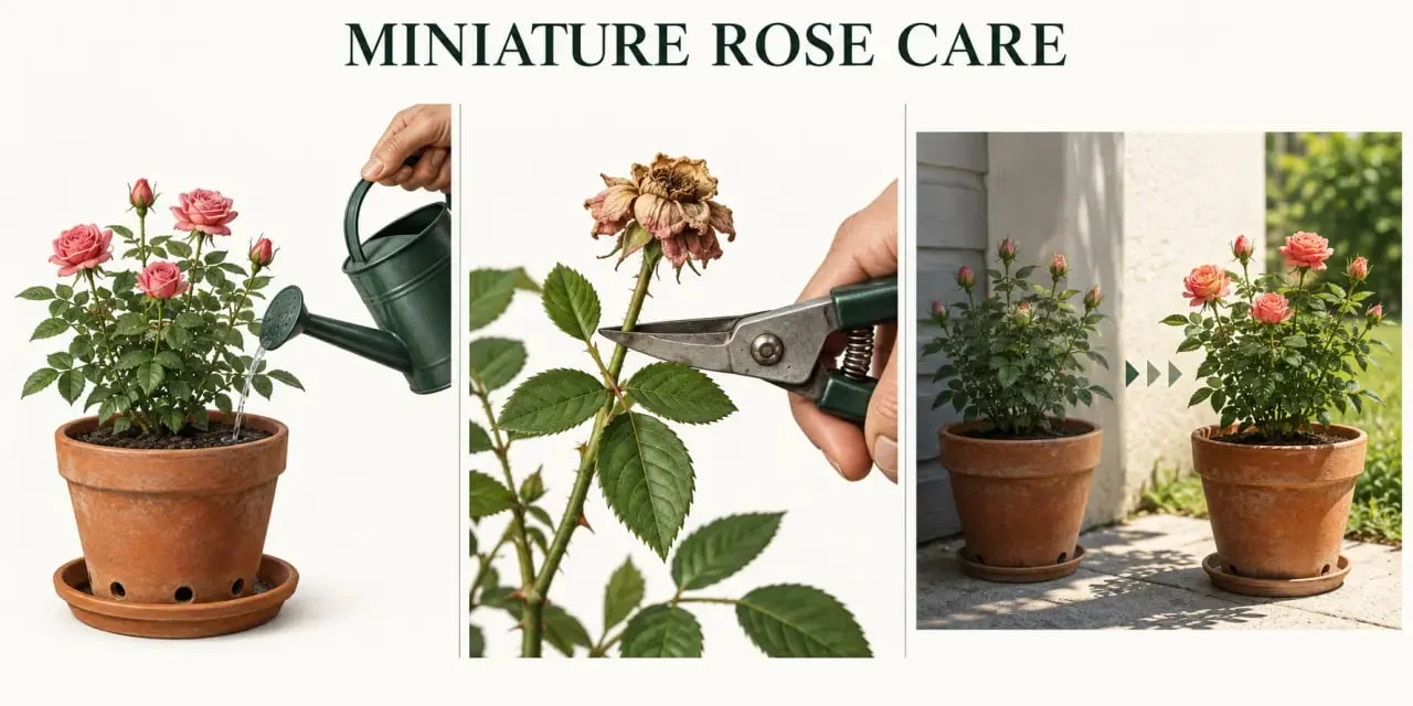 Care for mini rose bush: watering with drainage, deadheading, and gradual outdoor acclimation