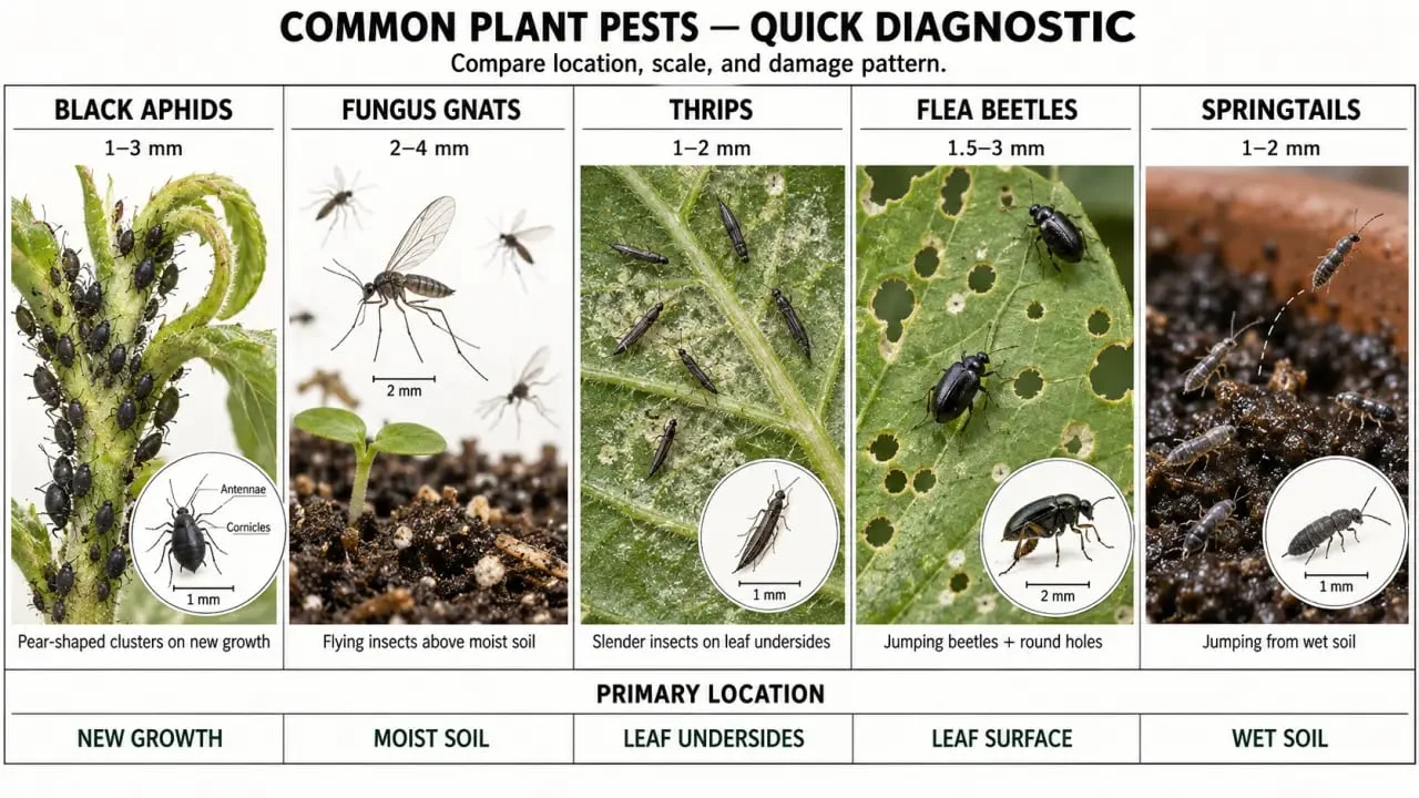 Little black bugs on plants: visual comparison of aphids, fungus gnats, thrips, flea beetles, and springtails