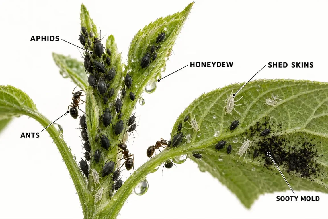 Little black bugs on plants: black aphids, honeydew, shed skins, ants, and sooty mold