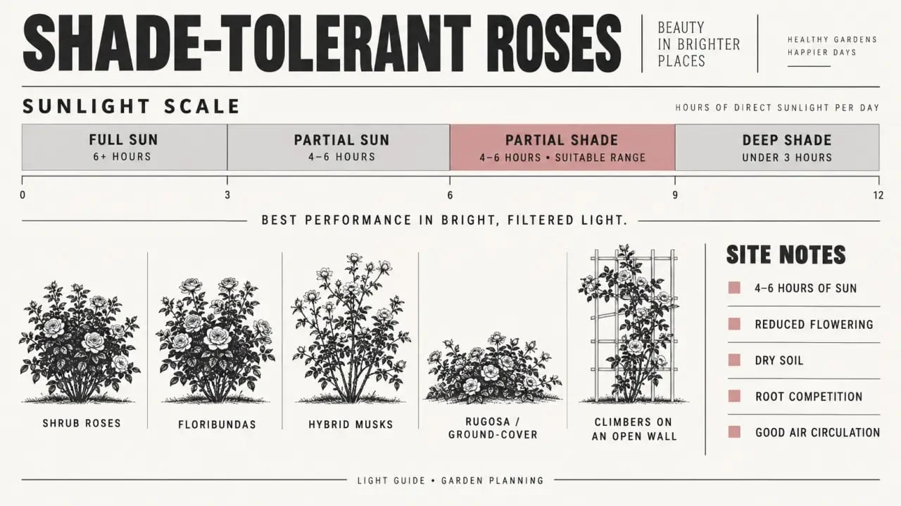 Infographie sur les shade tolerant roses et les niveaux d’ensoleillement adaptés