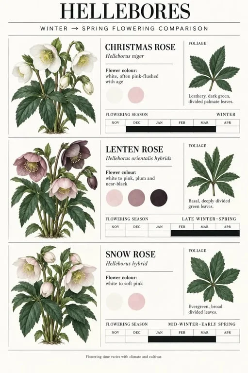 Christmas rose plant compared with Lenten rose and snow rose