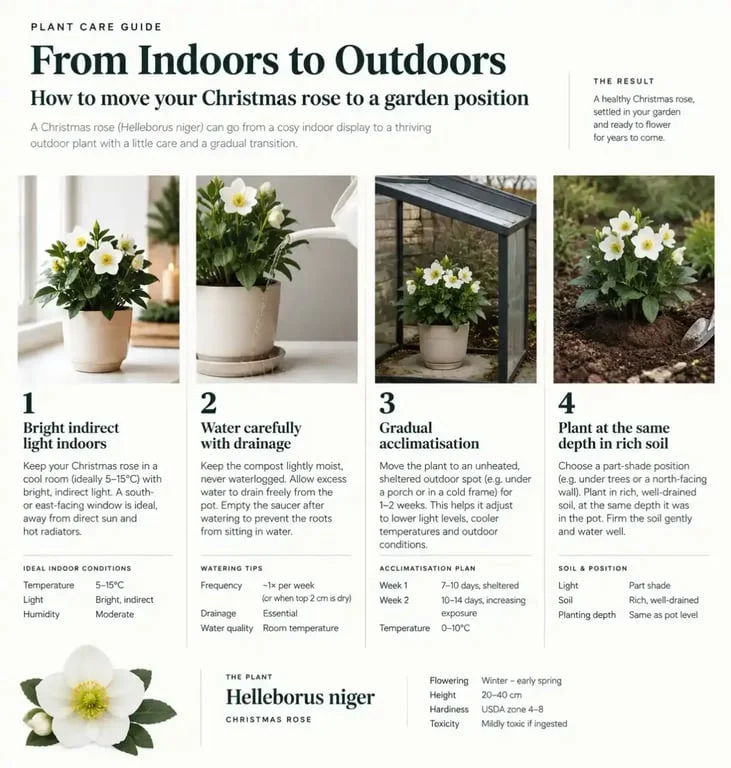 Christmas rose plant transition from indoor holiday display to outdoor planting