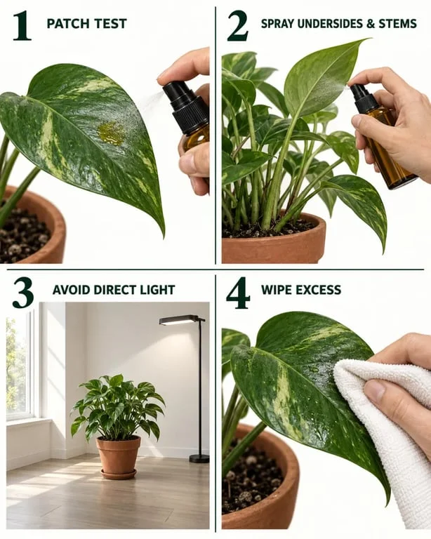 Neem oil spray appliqué sur les dessous des feuilles d’une plante d’intérieur en évitant le soleil direct