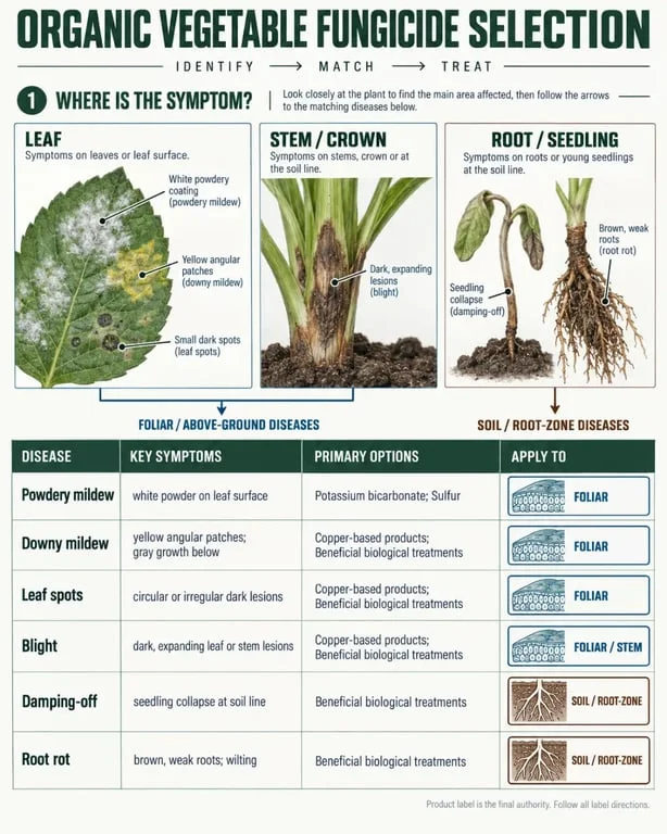 Organic vegetable fungicide selection infographic showing vegetable disease symptoms and treatment categories