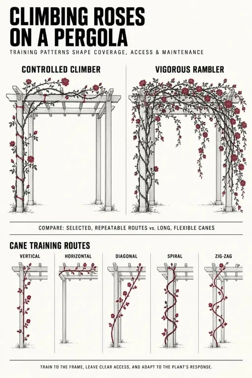 Climbing roses on pergola with climber and rambler growth habits and cane training methods