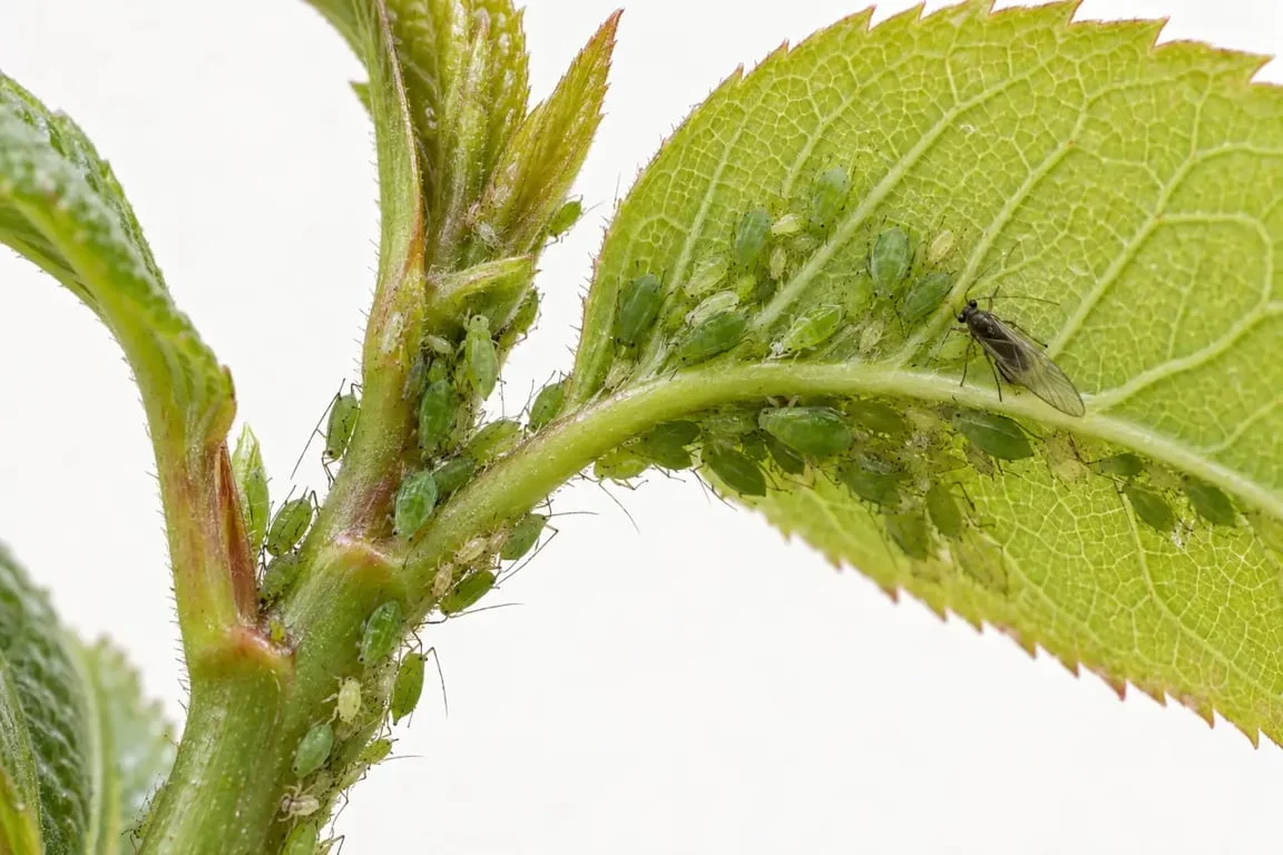 Aphids on plants clustered on a tender shoot and beneath a young leaf
