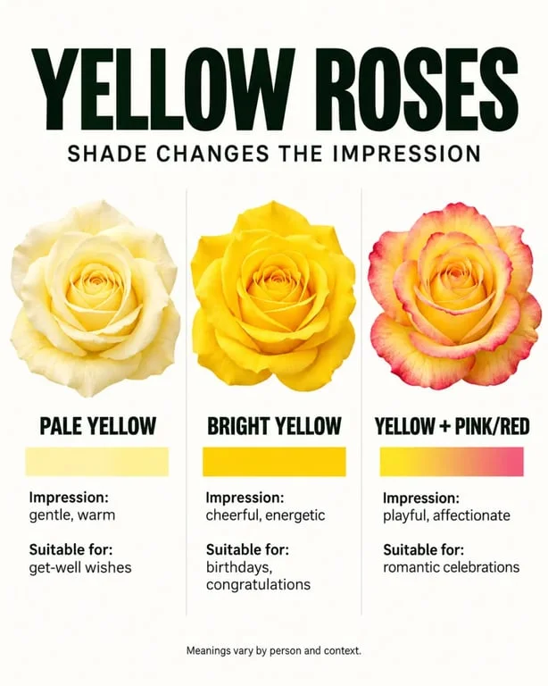 Yellow rose meaning by shade, showing pale yellow, bright yellow, and mixed yellow roses
